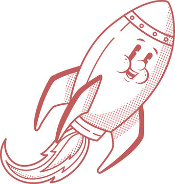 Vintage cartoon rocket ship launching with halftone shading details.