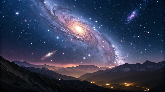 Cinematic Over Mountains with City Lights, Cosmic Nebula and Stars, Stock Footage