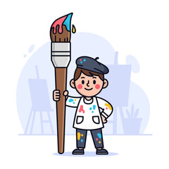 Obraz premium Cute Cartoon Artist Boy Holding Large Paintbrush, Studio Background