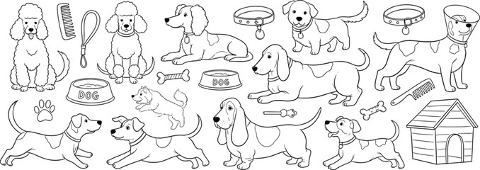 Fototapeta premium Vector set of cute dogs and pet care accessories with poodles, hounds, collars, bowls, and kennel, isolated on white