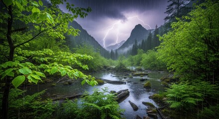 A serene mountain landscape with a river flowing through a lush green forest under a dramatic sky with lightning bolts.