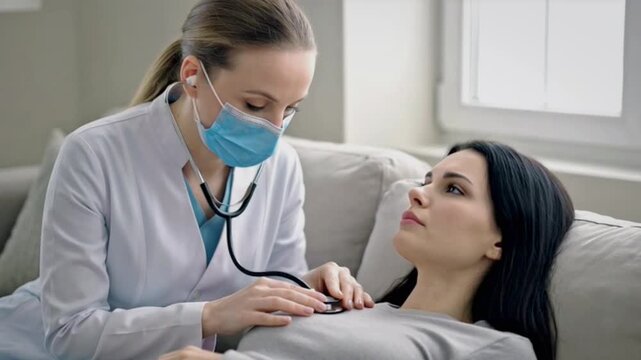 A female doctor checks woman's heartbeat with stethoscope on chest during medical examination in clinic. AI