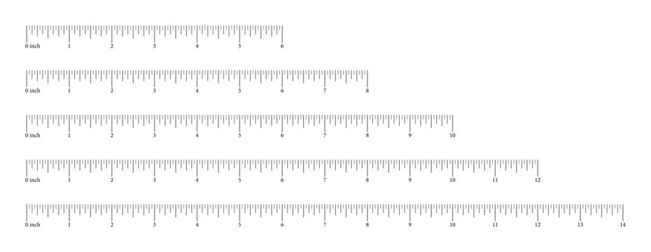 Measuring chart 6, 8, 10, 12, 14 inches. Set of ruler scales six, eight, ten, twelve, fourteen inch. Sewing tool flat black icons. Length measurement math, distance, height simple templates.