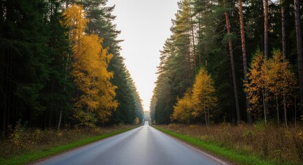 Obraz premium A road through a forest with autumn trees, yellow leaves, and a clear sky.
