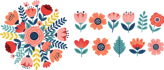 Obraz premium Colorful Folk Art Floral Vector Set with Scandinavian Style Flowers and Botanical Elements