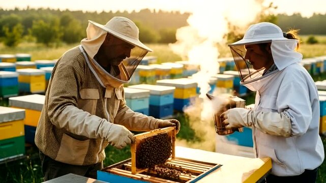 Beekeepers in Protective Suits Working with Honeycomb Frames in Apiary.
