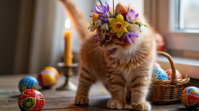 Ginger Kitten with Flower Crown Plays with Easter Eggs, Holiday Scene