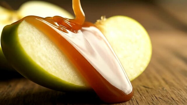 Close up of apple slice being covered in syrup on a wooden surface or Close up of syrup dripping onto an apple slice on a table