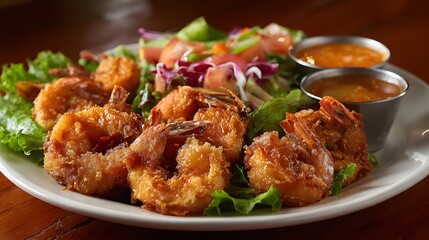Fototapeta premium Delicious crispy fried shrimp served with fresh green salad and dipping sauces on a white plate.
