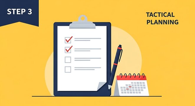 Graphic depicting tactical planning with a checklist, pen, and calendar on a yellow background