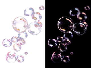 Iridescent Purple Glass Bubbles Floating on Black Background &ndash; Abstract Glossy Orbs Composition
