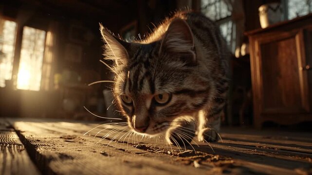 A domestic tabby cat in a low pouncing stance, stalks across a sunlit wooden floor with intense focus and warm backlight
