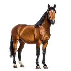 Fototapeta premium A majestic brown horse stands against a white backdrop, showcasing its sleek coat and noble features