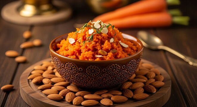 Close-up of carrot halwa dessert in a decorative bowl with almonds and carrots