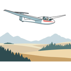 Fototapeta premium Pixel Art Glider Plane Flying Over Scenic Landscape With Mountains And Trees