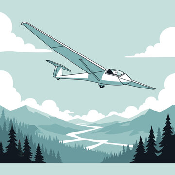 Pixel Art Glider Aircraft Soaring Above Mountain Valley River and Clouds Scenic View
