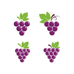 Four Bunches Of Purple Grapes With Green Leaves On A White Background