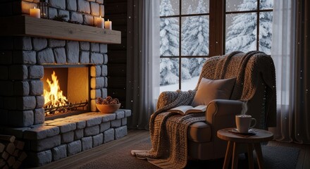 Fototapeta premium A cozy living room with a stone fireplace, armchair, and a cup of hot cocoa on a wooden table.