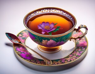 ornate teacup and saucer filled with amber liquid adorned with floral patterns in pinks purples and greens a silver spoon rests inside