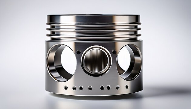 close up of a silver piston with rings and pinhole details on a white background in studio lighting