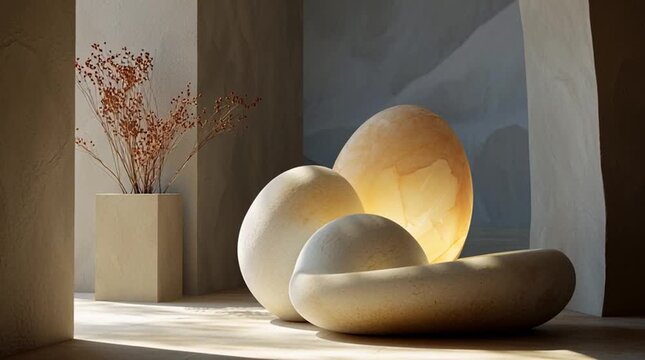 Sacred calm expressed through smooth organic shapes and gentle illumination, creating a serene, non-distracting composition suitable for meditation, wellness, and contemplative design.
