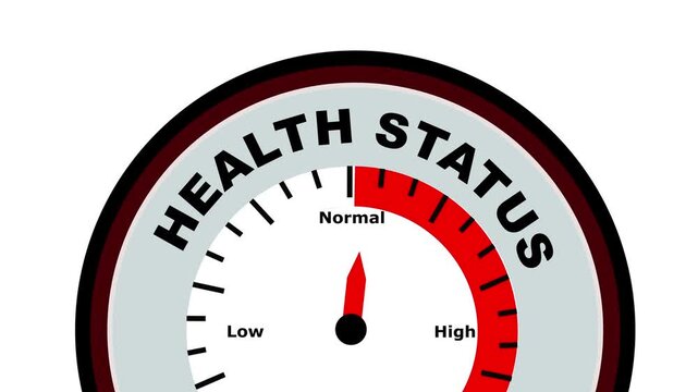 Health Status text or word shown with a barometer or tachometer-style gauge, representing varying levels of overall health and wellness