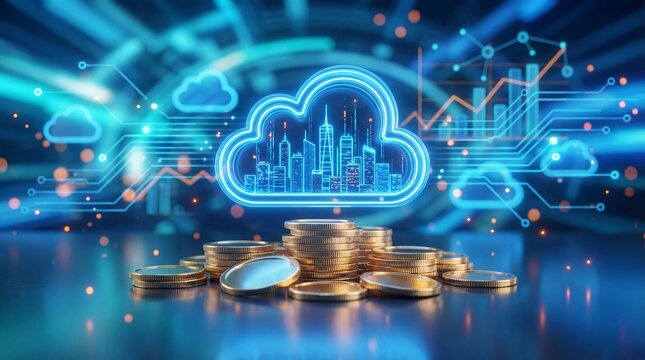Cloud computing and financial growth concept with coins and digital graphics