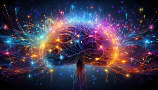 abstract representation of brain activity with colorful neural connections and glowing lights in dark background