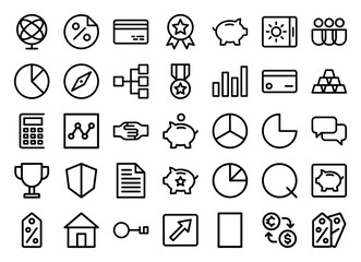 Business and finance line icon set featuring vector pictograms of a piggy bank, credit card, pie chart, calculator, trophy, house, and bar graph in thick outline style.