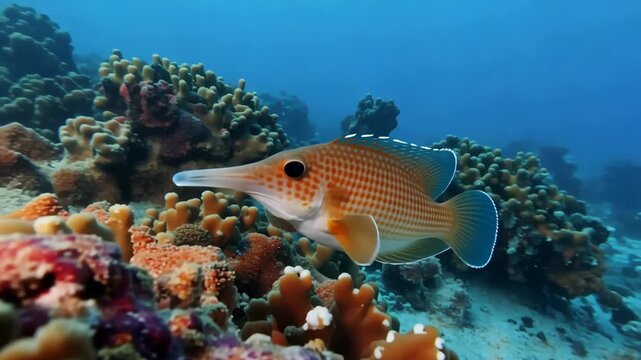 Underwater world cornetfish closeup swimming over coral reef in ocean sea scenery marine life and ecosystems