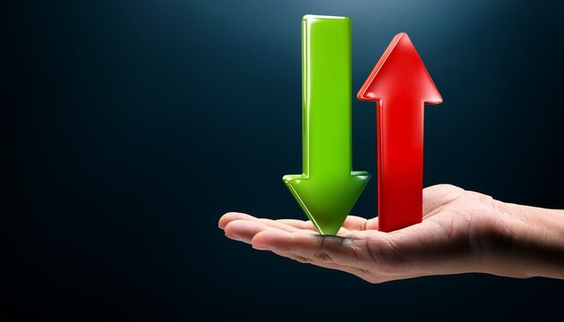 hand holding symbols of quality and cost with red and green arrows in a dark background