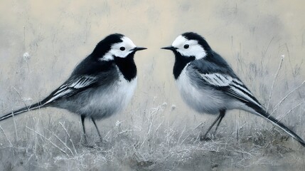Two beautiful white wagtail birds facing each other on the ground.