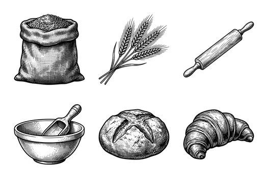 Vintage engraving style collection of bakery ingredients and equipment including wheat stalks flour sack rolling pin mixing bowl and fresh bread
