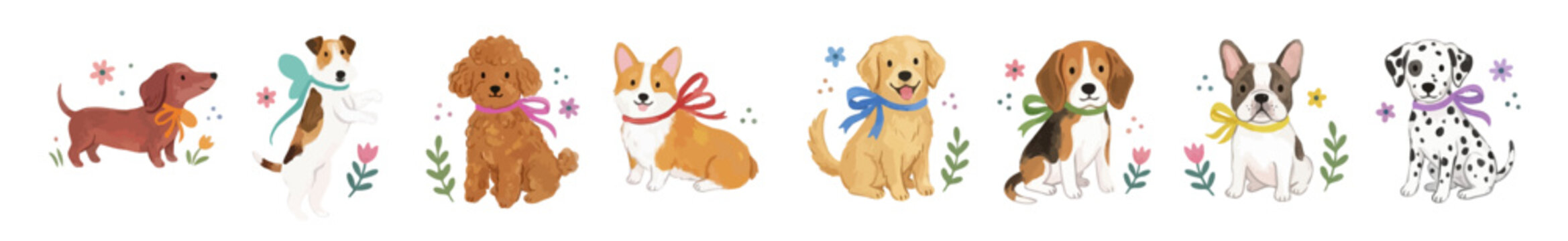 Cute watercolor puppies clipart set with bows and flowers: Dachshund, Jack Russell Terrier, Poodle, Corgi, Golden Retriever, Beagle, French Bulldog, Dalmatian. Perfect for invitation, card, poster