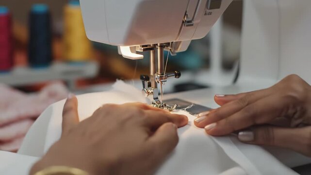 Closeup of hands using a sewing machine to stitch white fabric 4k video