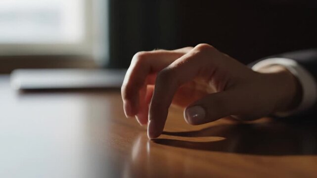 Finger tapping on a wooden desk, close-up of a hand with fingers lightly touching the surface