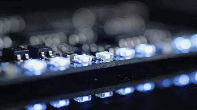 Macro view of blinking LED lights on an electronic circuit board. Digital technology background with cool blue glowing components. Computer hardware and data processing concept