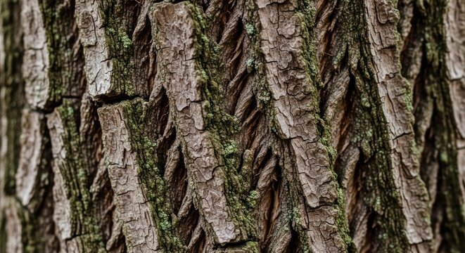 A close-up of a tree bark texture with moss and lichen on it.