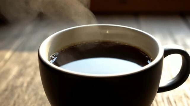 Close up of beverage steaming in mug on surface or Close up of steaming beverage in cup indoors