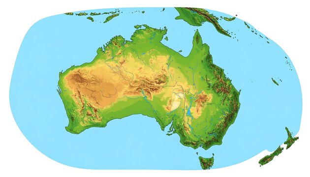 Australia and surrounding islands, depicted in a topographic map with varied elevations and a light blue ocean background