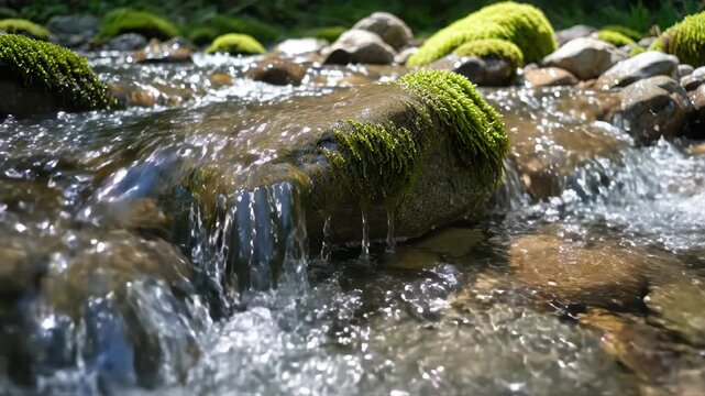Mossy rocks with water flowing over them in a forest stream