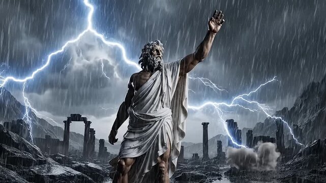 Epic storm lightning strikes statues in ruins video footage.