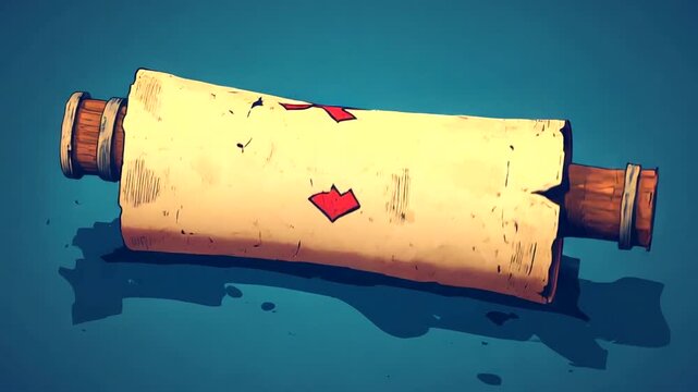 Ancient scroll with wooden ends resting on a blue surface