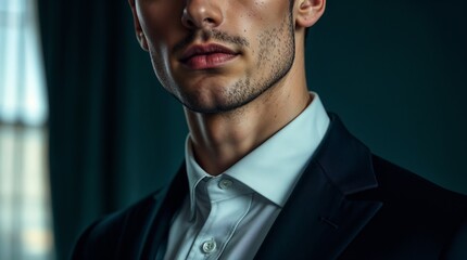 Professional close up of a male business suit, showcasing a confident expression under soft lighting, ideal for corporate and business related themes