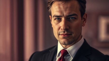 Professional close up of a male business suit, showcasing a confident expression under soft lighting, ideal for corporate and business related themes