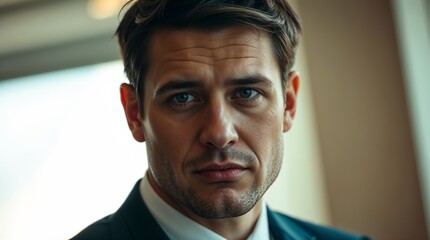 Professional close up of a male business suit, showcasing a confident expression under soft lighting, ideal for corporate and business related themes