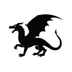 Obraz premium dragon roaring silhouette vector illustration, Mythical dragon silhouette vector illustration with wings spread, fantasy creature design