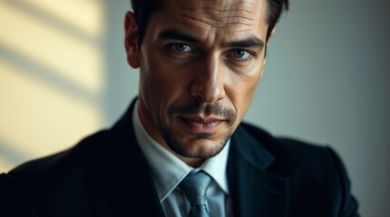Professional close up of a male business suit, showcasing a confident expression under soft lighting, ideal for corporate and business related themes