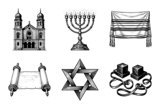 Vintage engraving style collection of Jewish religious symbols including synagogue architecture, menorah, torah scroll, and star of David on a white background.