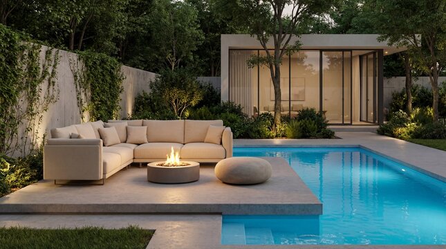 Modern outdoor living space with a swimming pool and contemporary sectional sofa by a fire pit